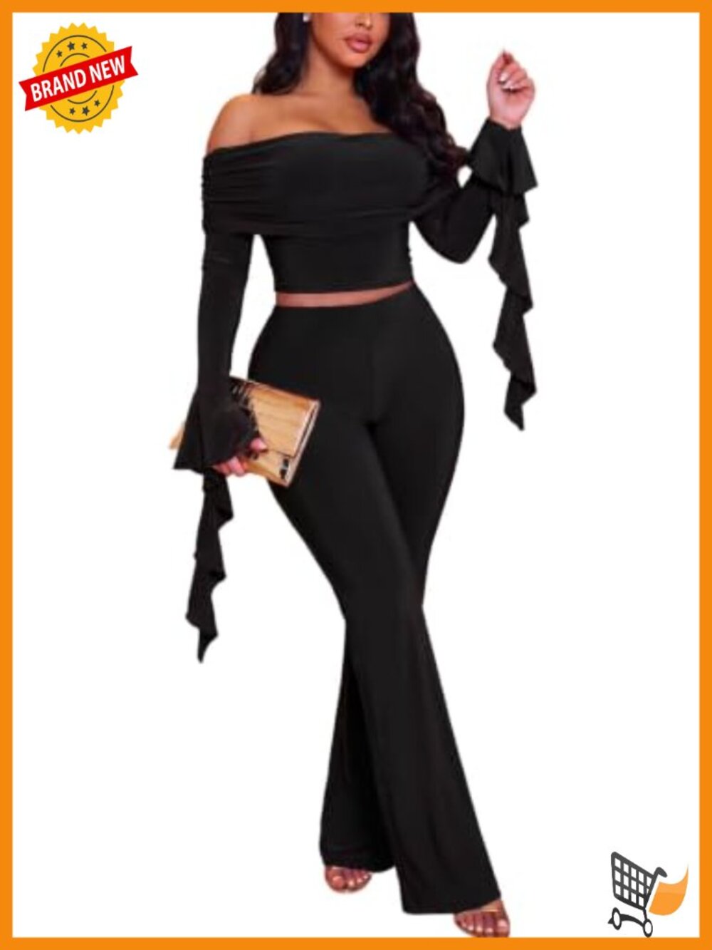 Women's Off Shoulder Ruffle Crop Top Flare Pants 2 Piece Set